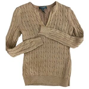 RALPH LAUREN | Gold Metallic Cable Knit V-neck Sweater | Size PS